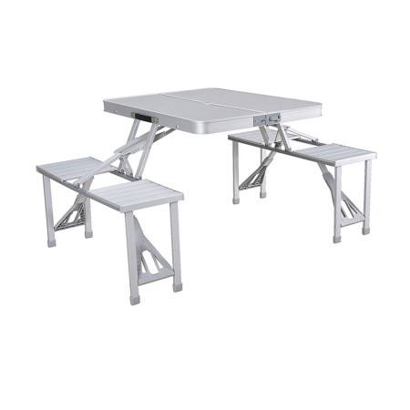 Ensemble Marbueno: Table et 4 Sièges avec Trou pour Parasol Pliable Aluminium Gris Camping Plage 136X85X67 cm 10439 de Marbue...