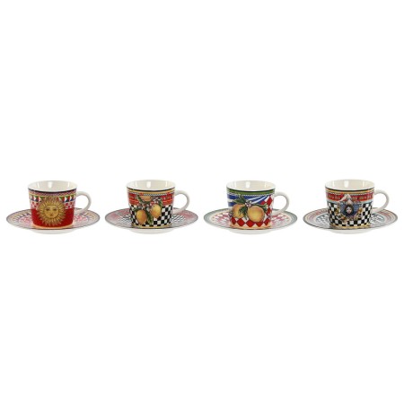 Set of Mugs with Saucers Home ESPRIT Yellow Red Porcelain 12,5 x 12,5 x 1,5 cm (4 Units) by Home ESPRIT, Cups - Ref: S3058845...