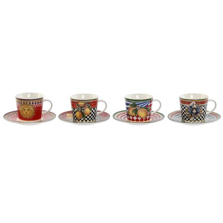 Set of Mugs with Saucers Home ESPRIT Yellow Red Porcelain 220 ml 15,6 x 15,6 x 1,7 cm (4 Units) by Home ESPRIT, Cups - Ref: S...