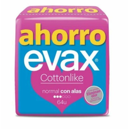 Pensos Higiénicos Normais com Alas Evax Cottonlike 64 Unidades de Evax, Protege slips - Ref: S05106601, Preço: 13,10 €, Desco...