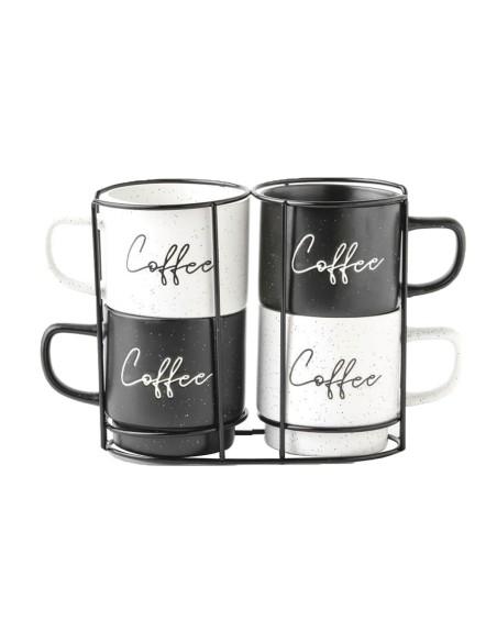 Conjunto de 4 Canecas Home ESPRIT Branco Preto Metal Porcelana 380 ml | Tienda24 Tienda24.eu