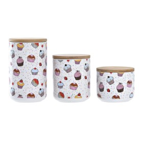 Conjunto de 3 Potes DKD Home Decor Natural Branco Multicolor Bambu Grés 10 x 10 x 17 cm Cupcake de DKD Home Decor, Armazename...