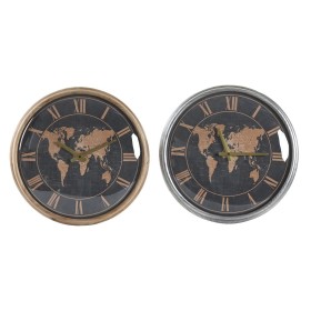 Horloge Murale DKD Home Decor 46 x 6,5 x 46 cm Verre Argenté Noir Doré Marron Fer Mappemonde (2 Unités) de DKD Home Decor, Pe...