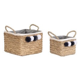 Conjunto de Cestas DKD Home Decor Natural Fibra natural Pompons 33 x 33 x 25 cm 2 Peças de DKD Home Decor, Caixas e baús de a...