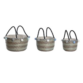 Basket set DKD Home Decor Polyester Pompoms 43 x 43 x 43 cm Seagrass by DKD Home Decor, Boxes - Ref: S3042058, Price: 66,86 €...