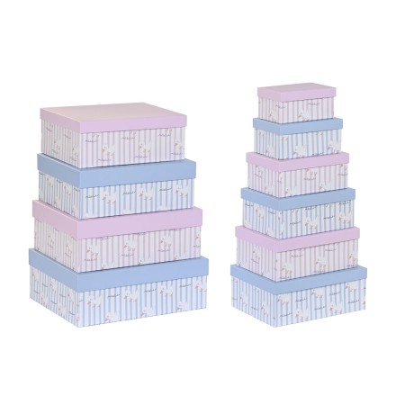 Conjunto de Caixas de Organização Empilháveis DKD Home Decor Azul Cor de Rosa Cartão (43,5 x 33,5 x 15,5 cm) de DKD Home Deco...