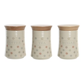 Tin DKD Home Decor Beige Bamboo Stoneware Polka dots 10 x 10 x 16 cm (3 Units) by DKD Home Decor, Food storage - Ref: S304473...