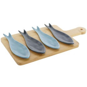 Satz für Appetithäppchen Home ESPRIT Blau grün Marineblau Bambus Porzellan Mediterraner Fische 36 x 18 x 1,3 cm 5 Stücke von ...