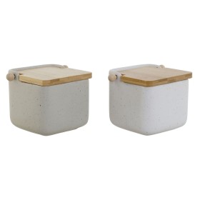 Portasale con Coperchio Home ESPRIT Bianco Beige Naturale Bambù Dolomite 15 x 12 x 11 cm (2 Unità) di Home ESPRIT, Dosatori d...