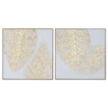 Cuadro Home ESPRIT Blanco Dorado Lienzo Madera MDF Moderno Hoja de planta 82 x 4,5 x 82 cm (2 Unidades) de Home ESPRIT, Impre...