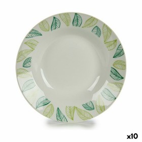 Plato Hondo Blanco Verde Ø 20,6 cm Hojas Porcelana (10 Unidades) de BigBuy Home, Platos y fuentes - Ref: S3624283, Precio: 14...