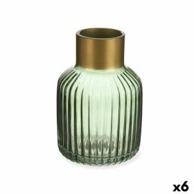 Buy Vase Stripes Green Golden Glass 12 x 18 x 12