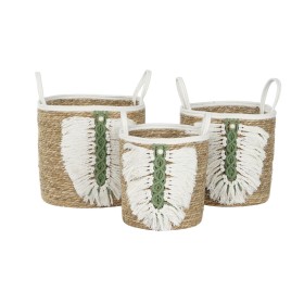 Basket set Home ESPRIT White Green Natural Natural Fibre Tropical 39 x 39 x 47 cm (3 Pieces) by Home ESPRIT, Boxes - Ref: S30...