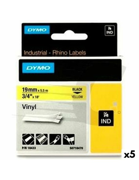 Ruban Laminé pour Etiqueteuses Rhino Dymo ID1-19 19 x 3,5 mm Noir Jaune Autocollants (5 Unités) | Tienda24 Tienda24.eu