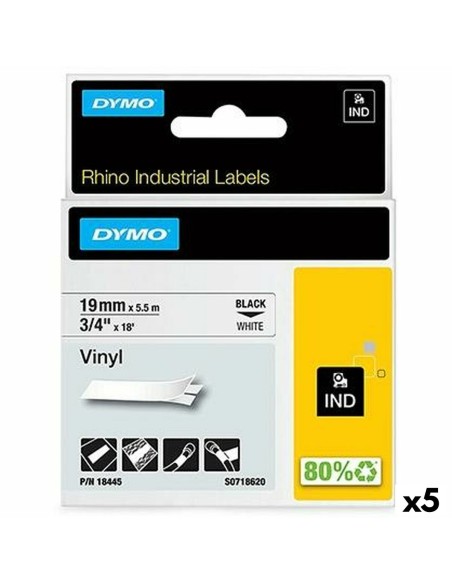 Laminiertes Klebeband zur Kennzeichnung von Maschinen Rhino Dymo ID1-19 19 x 5,5 mm Schwarz Weiß Vinyl Selbstklebend (5 Stück) | Tienda24 Tienda24.eu