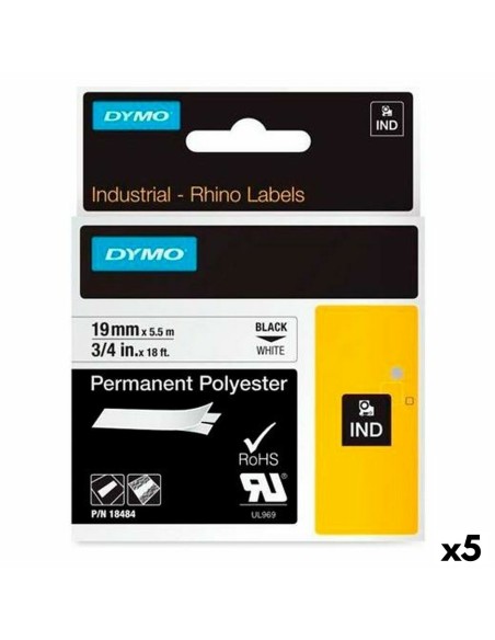 Cinta Laminada para Rotuladoras Rhino Dymo ID1-19 19 x 5,5 mm Negro Poliéster Blanco Autoadhesivas (5 Unidades) | Tienda24 Tienda24.eu