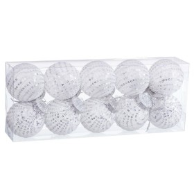 Bolas de Natal Branco Prateado Plástico Tecido Lantejoulas 6 x 6 x 6 cm (10 Unidades) de BigBuy Christmas, Natal - Ref: S8804...