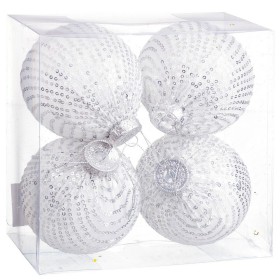 Boules de Noël Blanc Argenté Plastique Tissu Paillettes 10 x 10 x 10 cm (4 Unités) de BigBuy Christmas, Noël - Réf : S8804130...