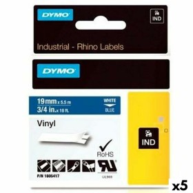 Cinta Laminada para Rotuladoras Dymo Rhino 19 mm x 5,5 m Azul Blanco Vinilo (5 Unidades) de Dymo, Etiquetas adhesivas y pegat...