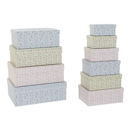 Jeu de Caisses de Rangement Empilables DKD Home Decor Jaune Bleu Rose Carton Fleurs 43,5 x 33,5 x 15,5 cm (2 Unités) (1 Unité...