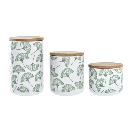 3 Tubs DKD Home Decor Natural White Green Bamboo Stoneware Tropical 10 x 10 x 17 cm by DKD Home Decor, Food storage - Ref: S3...