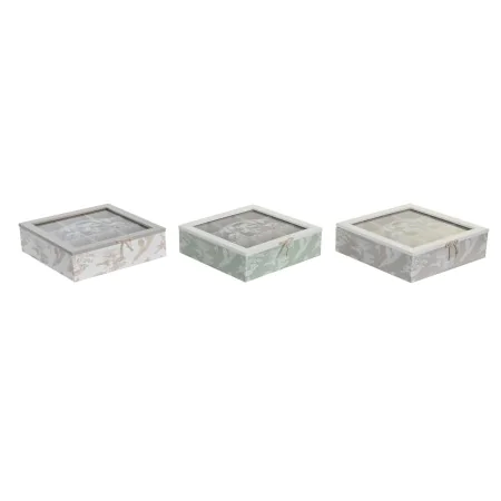 Box for Infusions DKD Home Decor 24,5 x 24,5 x 6 cm Crystal Beige Metal Terracotta White Green Light brown 3 Pieces MDF Wood ...