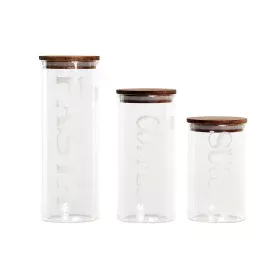 Set di 3 Barattoli DKD Home Decor 10,2 x 10,2 x 27,7 cm Naturale Trasparente Acacia Lettere Vetro Borosilicato di DKD Home De...