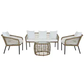 Table Set with 3 Armchairs DKD Home Decor White 137 x 73,5 x 66,5 cm synthetic rattan Steel by DKD Home Decor, Sofas - Ref: S...