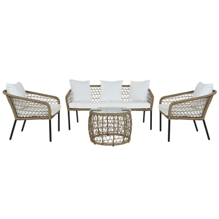 Conjunto de Mesa con 3 Sillones DKD Home Decor Blanco 137 x 73,5 x 66,5 cm ratán sintético Acero de DKD Home Decor, Sofás - R...