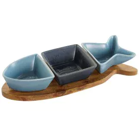 Conjunto para Aperitivos Home ESPRIT Azul Azul Marinho Porcelana Acácia Peixe Mediterrâneo 28 x 9,7 x 1,3 cm 4 Peças de Home ...