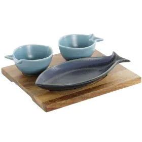 Set de Aperitivo Home ESPRIT Azul Azul cielo Porcelana Acacia Mediterráneo Peces 19,5 x 16,5 x 1,3 cm 4 Piezas de Home ESPRIT...