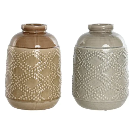 Vaso Home ESPRIT Castanho Cinzento Cerâmica Oriental Losangos 19 x 19 x 27 cm (2 Unidades) de Home ESPRIT, Jarrões - Ref: S30...