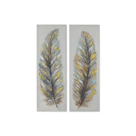 Painting Home ESPRIT Blue Golden Canvas MDF Wood Feathers Traditional 30 x 3 x 90 cm (2 Units) by Home ESPRIT, Prints on Canv...