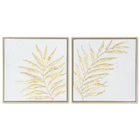 Cuadro Home ESPRIT Blanco Dorado Lienzo Madera MDF Moderno Hoja de planta 42 x 4 x 42 cm (2 Unidades) de Home ESPRIT, Impresi...