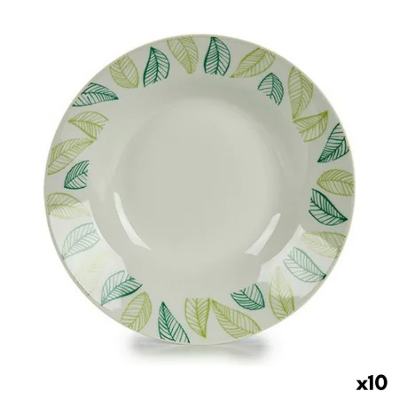 Plato Hondo Blanco Verde Ø 20,6 cm Hojas Porcelana (10 Unidades) de BigBuy Home, Platos y fuentes - Ref: S3624283, Precio: 19...