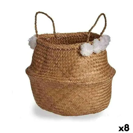 Decorative basket Pompoms White Natural Rushes 8 L 32 x 30 x 32 cm (8 Units) by Gift Decor, Storage baskets - Ref: S3626309, ...