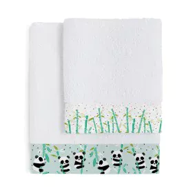 Ensemble de serviettes de toilette HappyFriday Moshi Moshi Panda Garden Blue Bleu 2 Pièces de HappyFriday, Serviettes de bain...