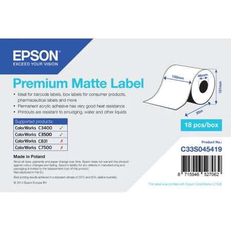 Thermal Paper Roll Epson C33S045419 (1 Unit) by Epson, Machine Rolls - Ref: S55080979, Price: 15,77 €, Discount: %