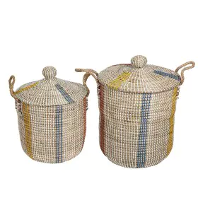 Set of Baskets Romimex Blue Beige Orange Natural Fibre With lid (2 Pieces) by Romimex, Lidded Storage Bins - Ref: D1619949, P...