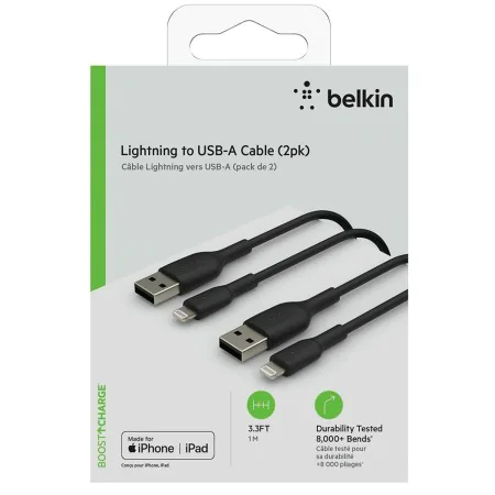 Câble USB vers Lightning Belkin CAA001BT1MBK2PK 1 m Noir (2 Unités) de Belkin, Câbles USB - Réf : S7733866, Prix : 31,63 €, R...