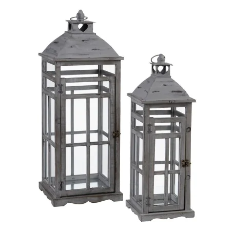 Lanterne 28 x 28 x 75 cm Bougeoir Gris Bois d'épicéa (2 Unités) de BigBuy Home, Bougeoirs et chandeliers - Réf : S8801408, Pr...