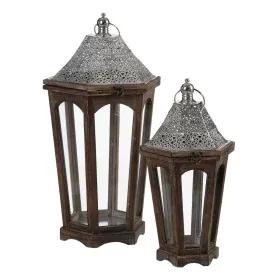 Lanterne 32 x 28 x 60 cm Bougeoir Marron Argent Bois d'épicéa (2 Unités) de BigBuy Home, Bougeoirs et chandeliers - Réf : S88...