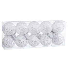 Bolas de Natal Branco Prateado Plástico Tecido Lantejoulas 6 x 6 x 6 cm (10 Unidades) de BigBuy Christmas, Natal - Ref: S8804...