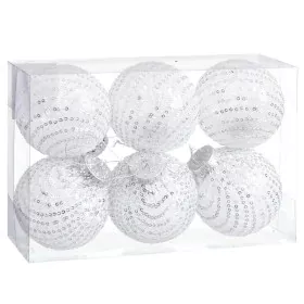 Bolas de Natal Branco Prateado Plástico Tecido Lantejoulas 8 x 8 x 8 cm (6 Unidades) de BigBuy Christmas, Natal - Ref: S88041...