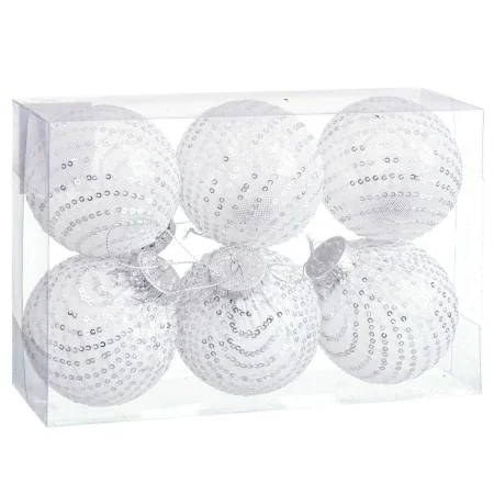 Bolas de Navidad Blanco Plateado Plástico Tejido Lentejuelas 8 x 8 x 8 cm (6 Unidades) de BigBuy Christmas, Navidad - Ref: S8...