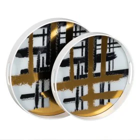 bandeja de aperitivos Branco Preto Dourado PVC Cristal Abstrato 42 x 42 x 4,2 cm (2 Unidades) de BigBuy Home, Pratos e fontes...