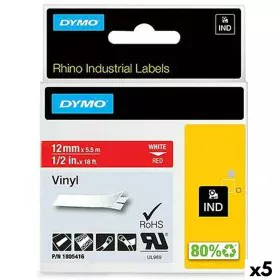 Cinta Laminada para Rotuladoras Rhino Dymo ID1-12 12 x 5,5 mm Rojo Blanco Vinilo Autoadhesivas (5 Unidades) de Dymo, Etiqueta...