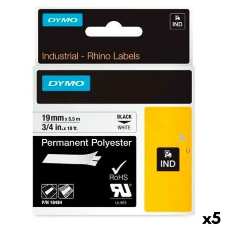 Cinta laminada para máquinas rotuladoras Rhino Dymo ID1-19 19 x 5,5 mm Preto Poliéster Branco Autoadesivas (5 Unidades) de Dy...